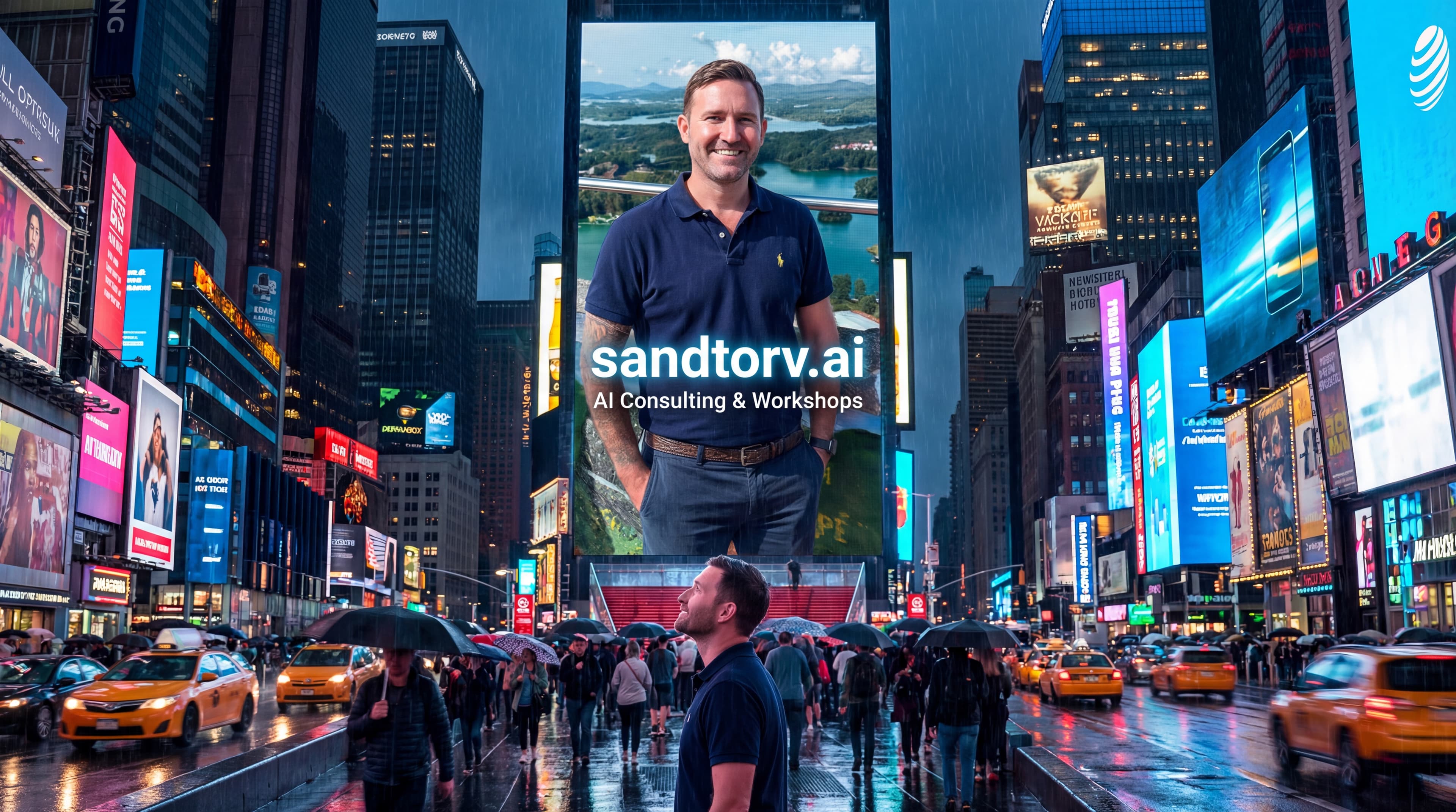 sandtorv.ai - AI Consulting & Workshops billboard in Times Square